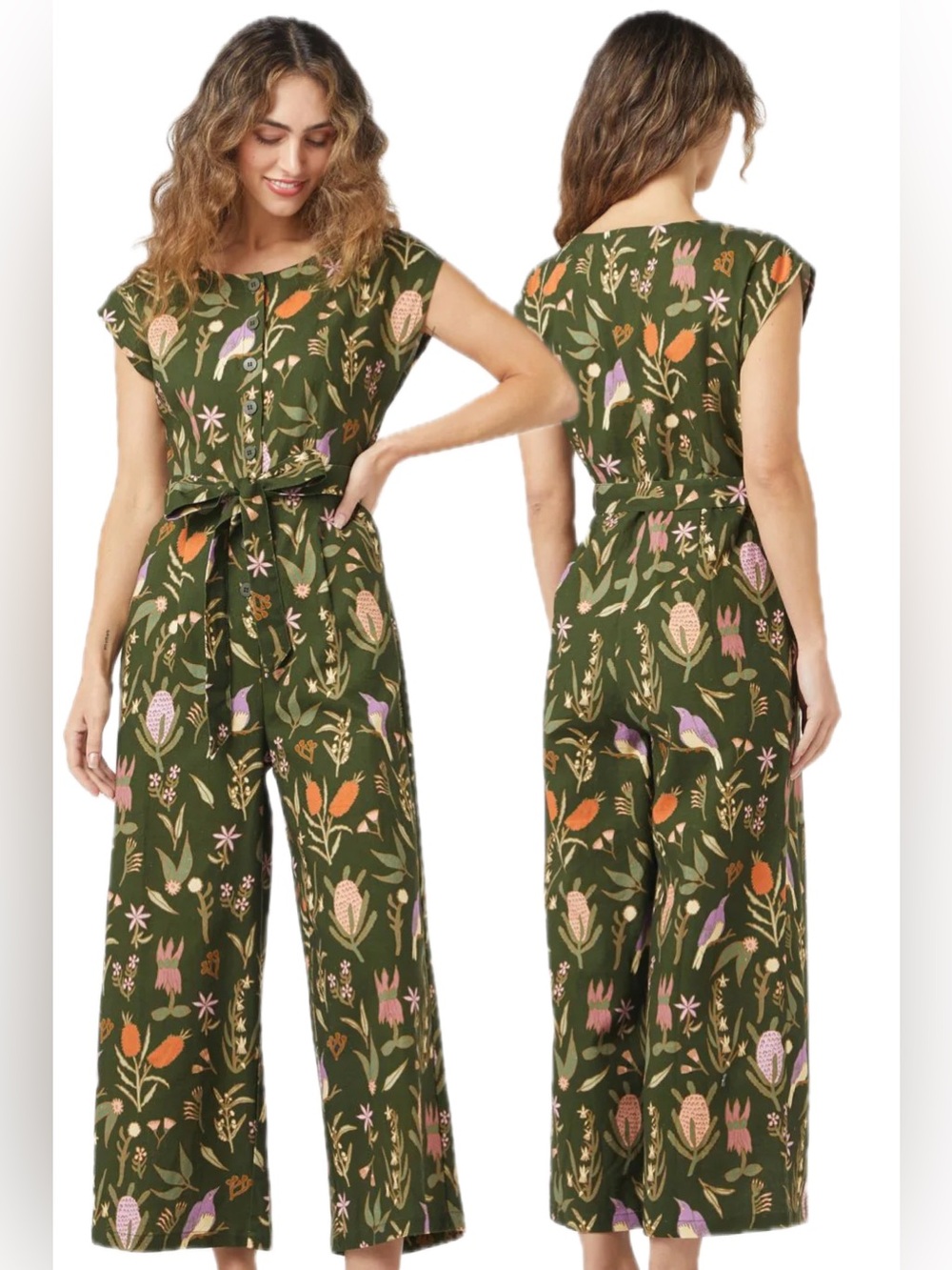 Linen Blend Green Floral Bird Wide Leg Sleeveless Button Down Belted Jumpsuit
